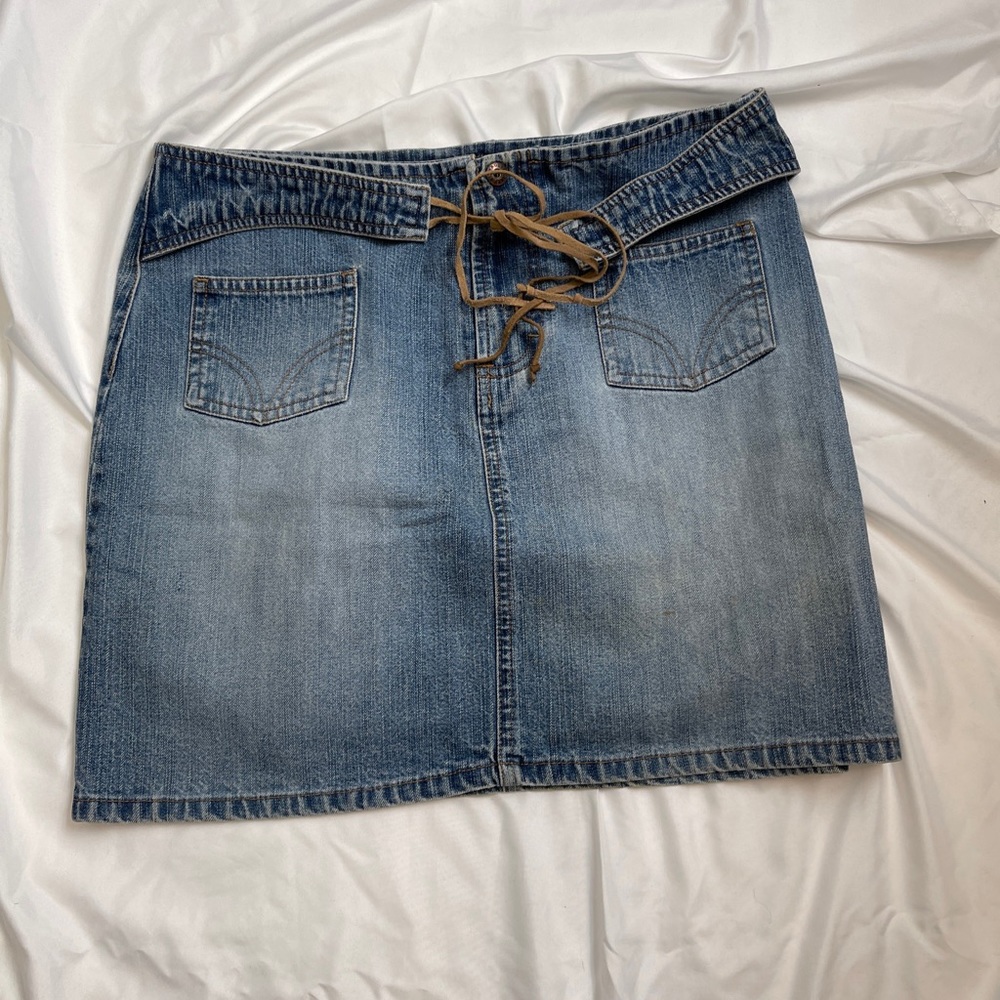 Vintage Route 66 denim Low Rise  Distressed skirt Hippie Snap Zip Closure Sz 7